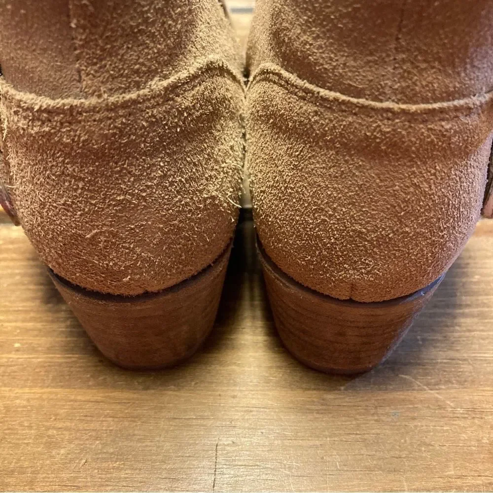 Frye Ray Western Booties Shootie Ankle Boots Size 6 Tan Leather Silver Buckles